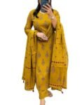 Women's Cotton Trending Straight Kurta with Pants and Dupatta Set