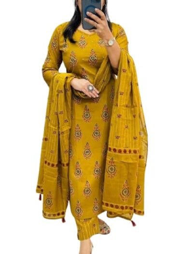 Women's Cotton Trending Straight Kurta with Pants and Dupatta Set