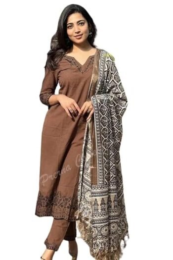 Women's Cotton Trending Straight Kurta with Pants and Dupatta Set