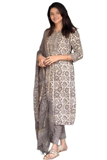 Women's Cotton Trending Straight Kurta with Pants and Dupatta Set