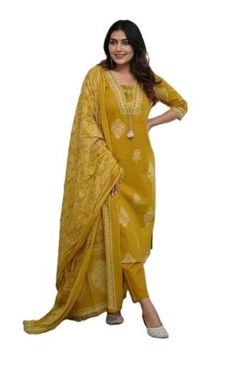 Women's Cotton Trending Straight Kurta with Pants and Dupatta Set