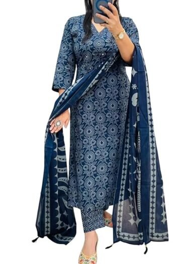 Women's Cotton Trending Straight Kurta with Pants and Dupatta Set