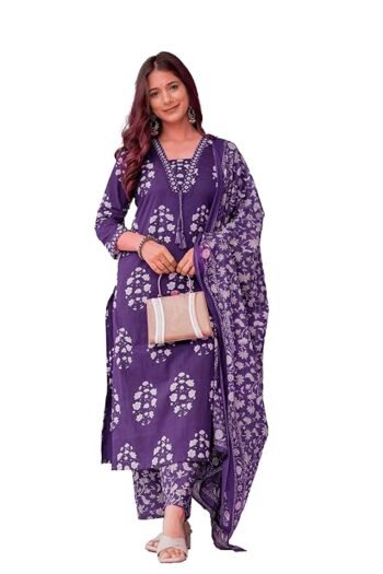 Women's Cotton Trending Straight Kurta with Pants and Dupatta Set