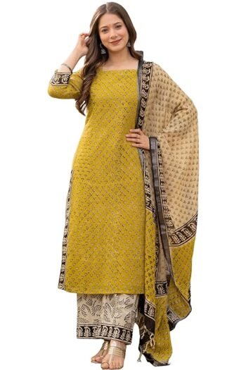Women's Cotton Trending Straight Kurta with Pants and Dupatta Set