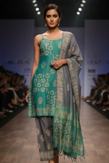 Bhagalpuri khadi dupion batik printed suit