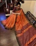 silk handloom saree – orange with dark brown border