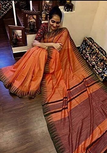 silk handloom saree – orange with dark brown border