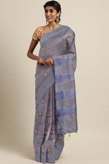 Purple & Yellow Floral Embroidered Silk Blend Saree