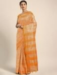 Orange & White Floral Embroidered Silk Blend Saree