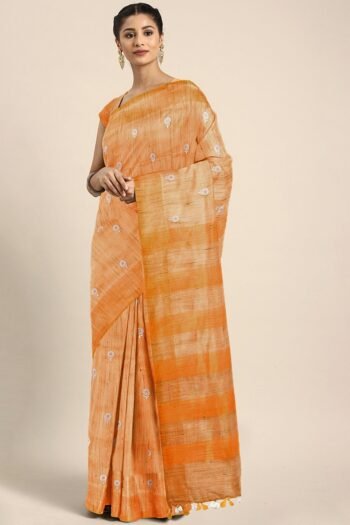 Orange & White Floral Embroidered Silk Blend Saree