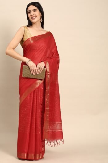 Red & Blue Woven Design Silk Blend Handloom Bhagalpuri Saree