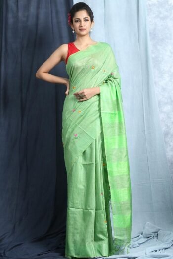 Women's Green Colored Saree with embroidery buti design