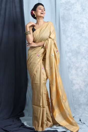 Women's Beige Colored Saree with embroidery buti design