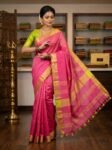 Women's Linen Slub Saree With Unstitched Contrast Blouse Piece, Pink