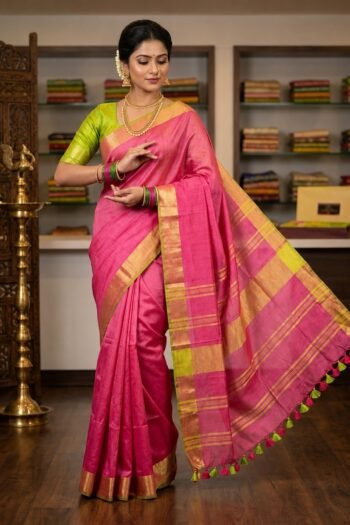 Women's Linen Slub Saree With Unstitched Contrast Blouse Piece, Pink