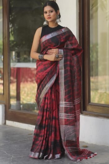 Bhagalpuri Handloom Shibori Dyed Linen Saree-Maroon & Black Saree