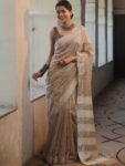 Bhagalpuri handloom shibori dyed linen saree – Cream
